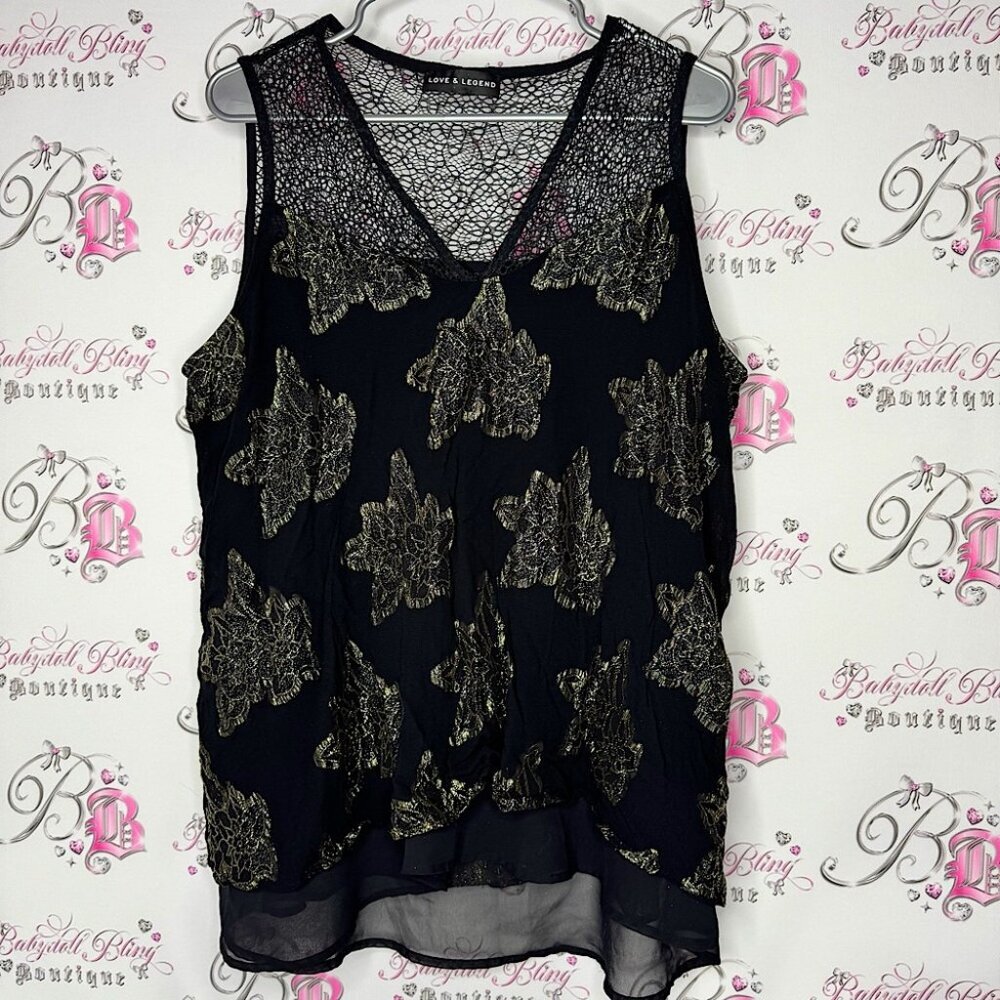 Love & legend tank top floral sparkly gold flowers mesh sexy stunning blouse